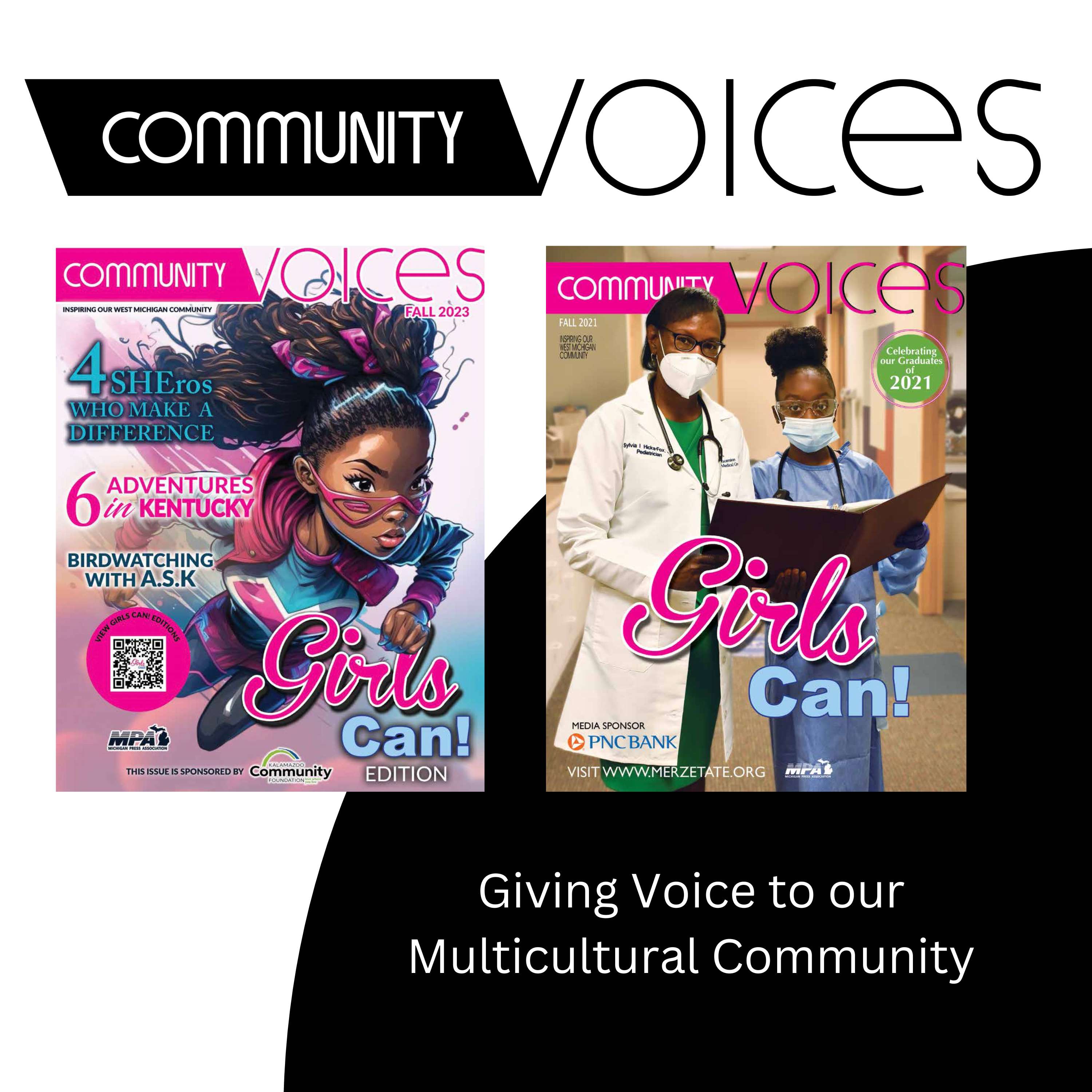 Two Community voices magazines showing a cartoon super hero girl and the other of a girl with a doctor